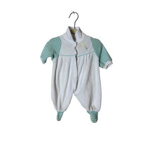 Vintage Baby Dior Footed Romper Baby 0-3 Months White Green Stripe Terry Snap